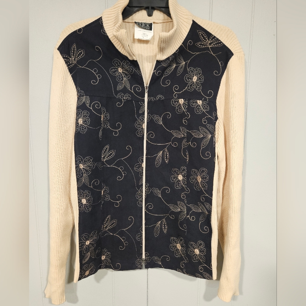 Vintage Click Canada Faux Vest Floral Embroidered Cardigan Sweater Size XL Zip